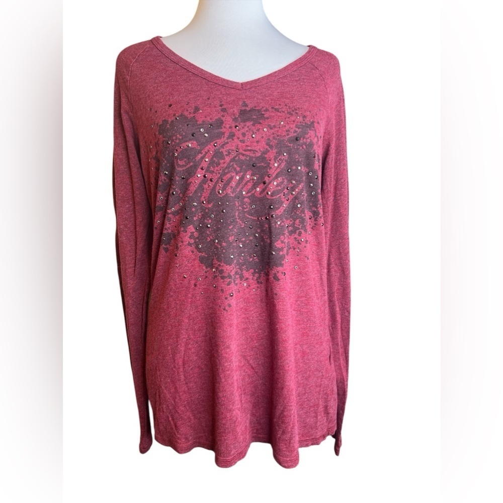 Harley Davidson Women's Long Sleeve Rhinestone Top Sz Large Red Graphic Tee